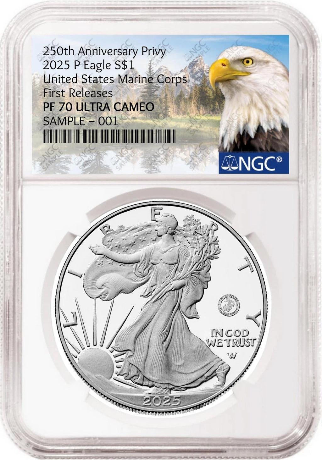 Obverse side of 2025 P proof silver eagle with US Marine Corps 250th anniversary privy in NGC slab with the eagle mountain label