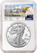 Obverse side of 2025 P proof silver eagle with US Marine Corps 250th anniversary privy in NGC slab with the eagle mountain label