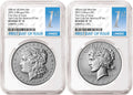 Obverse side of 2025 reverse proof Morgan and Peace silver dollar two coin set in NGC slabs with first day of issue labels
