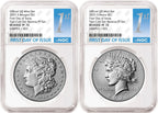 Obverse side of 2025 reverse proof Morgan and Peace silver dollar two coin set in NGC slabs with first day of issue labels