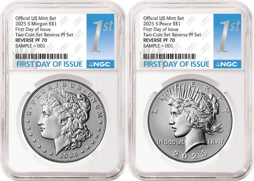 Obverse side of 2025 reverse proof Morgan and Peace silver dollar two coin set in NGC slabs with first day of issue labels
