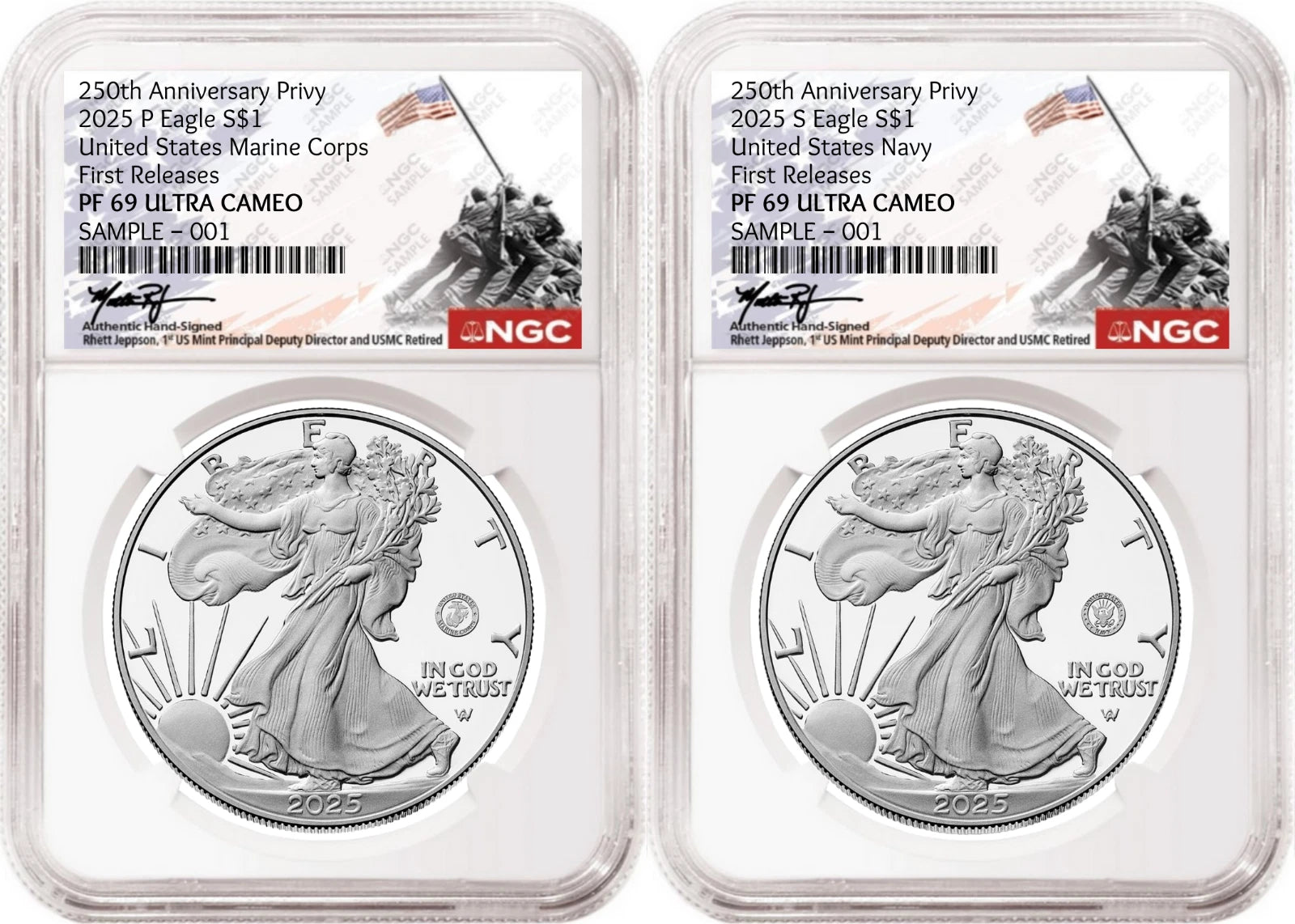 Two 2025 proof American Silver Eagles, one with US Navy 250th anniversary privy, and one with US Marine Corps 250th anniversary privy, both graded by NGC and featuring the USMC 250th anniversary Rhett Jeppson signature labels.