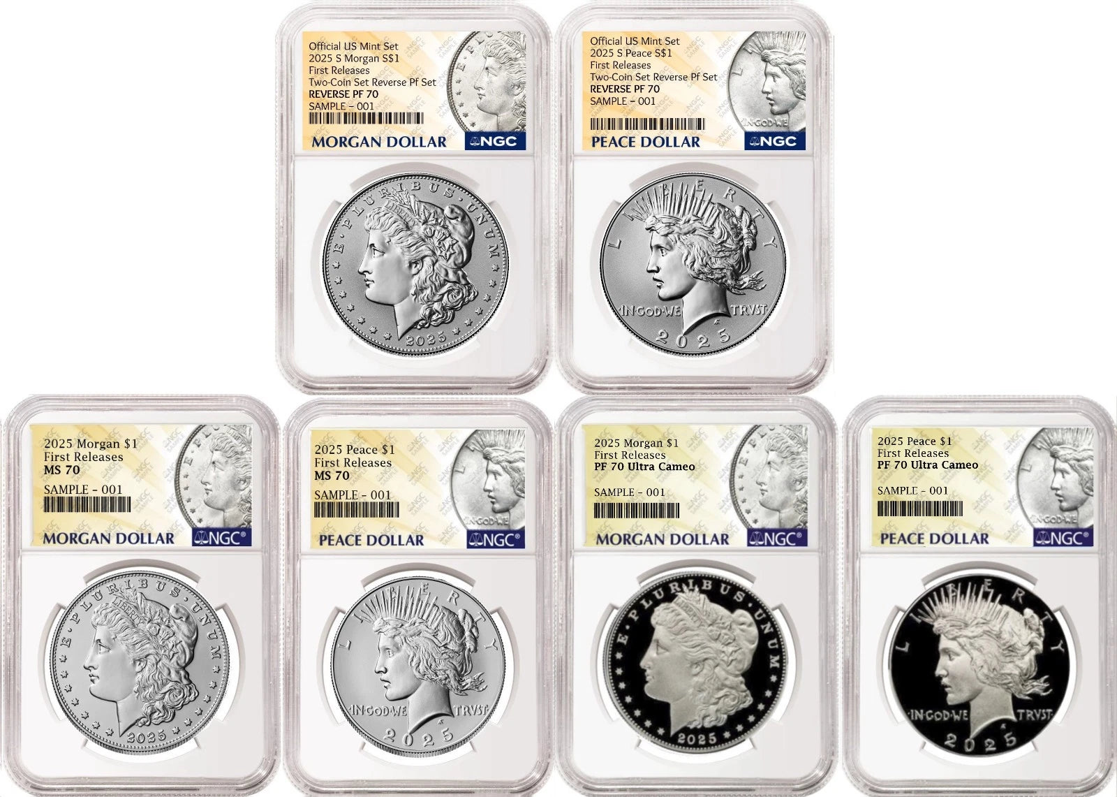 Six coins; three sets of 2025 Morgan and Peace silver dollars, one proof two-coin set, one uncirculated two-coin set, and one reverse proof two-coin set, all graded by NGC with Morgan and Peace dollar labels.