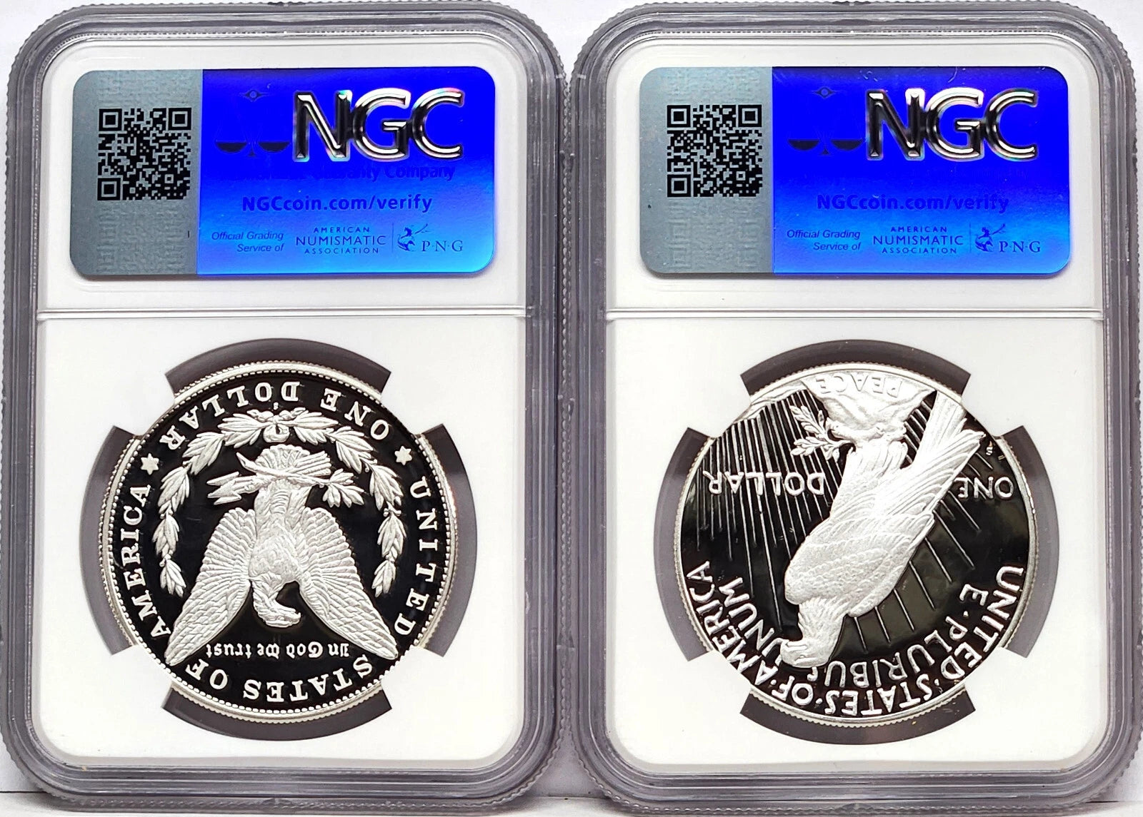 Reverse side of proof Morgan and Peace silver dollars in NGC slabs