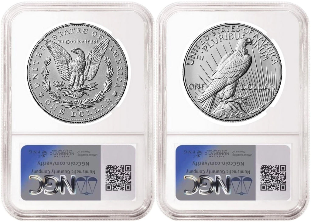 Reverse side of reverse proof Morgan and Peace silver dollar two coin set in NGC slabs