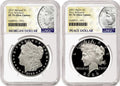 Obverse side of 2025 proof Morgan and Peace silver dollar two coin set in NGC slabs with morgan and peace labels