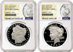 Obverse side of 2025 proof Morgan and Peace silver dollar two coin set in NGC slabs with morgan and peace labels