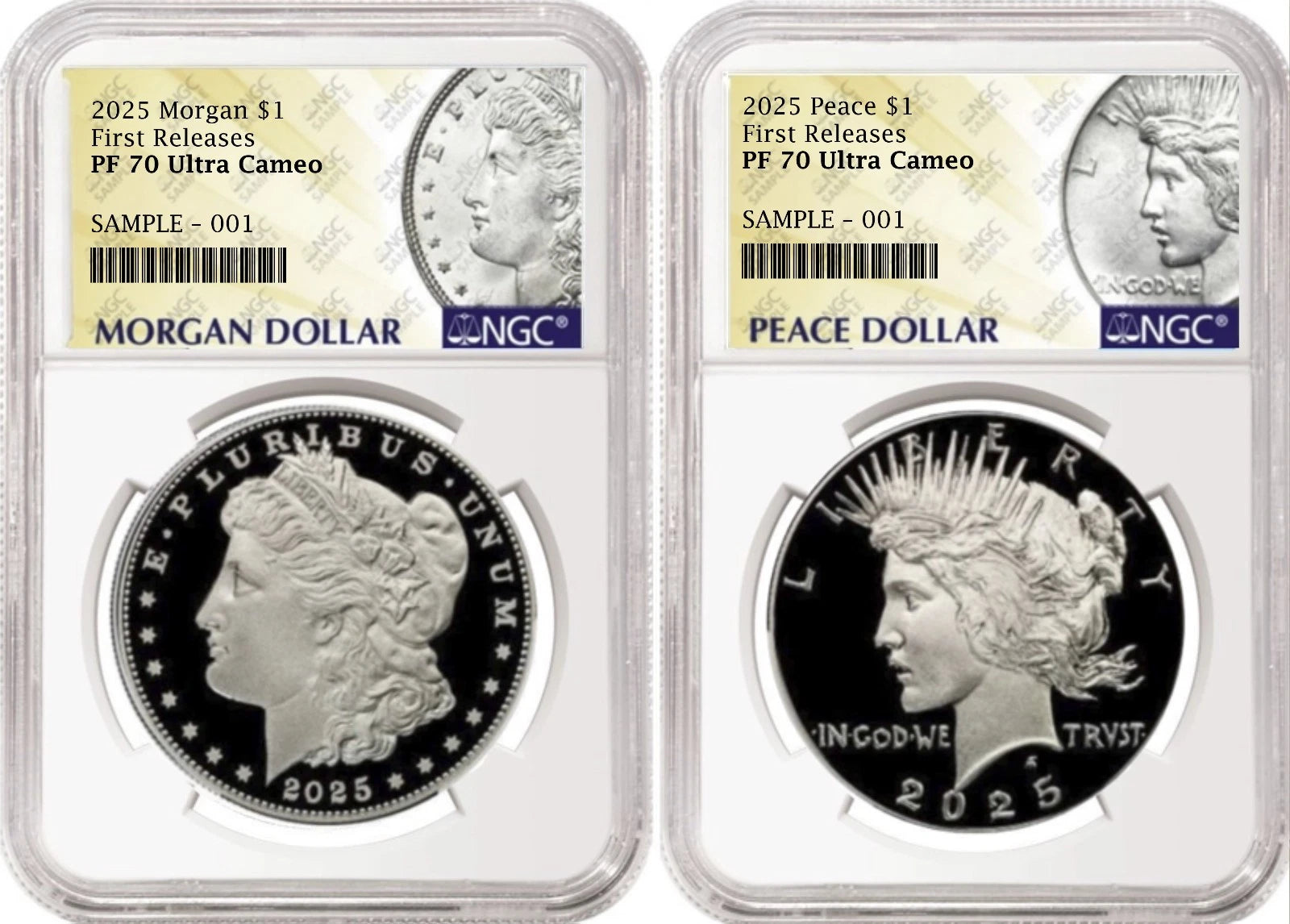 Obverse side of 2025 proof Morgan and Peace silver dollar two coin set in NGC slabs with morgan and peace labels