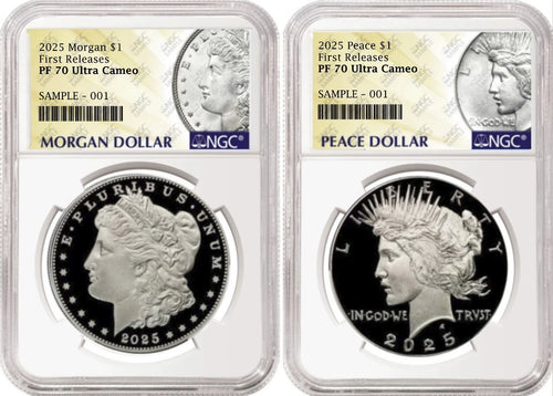 Obverse side of 2025 proof Morgan and Peace silver dollar two coin set in NGC slabs with morgan and peace labels