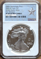 2025 W proof American Silver Eagle with US Army 250th anniversary privy graded by NGC with the West Point silver star label.