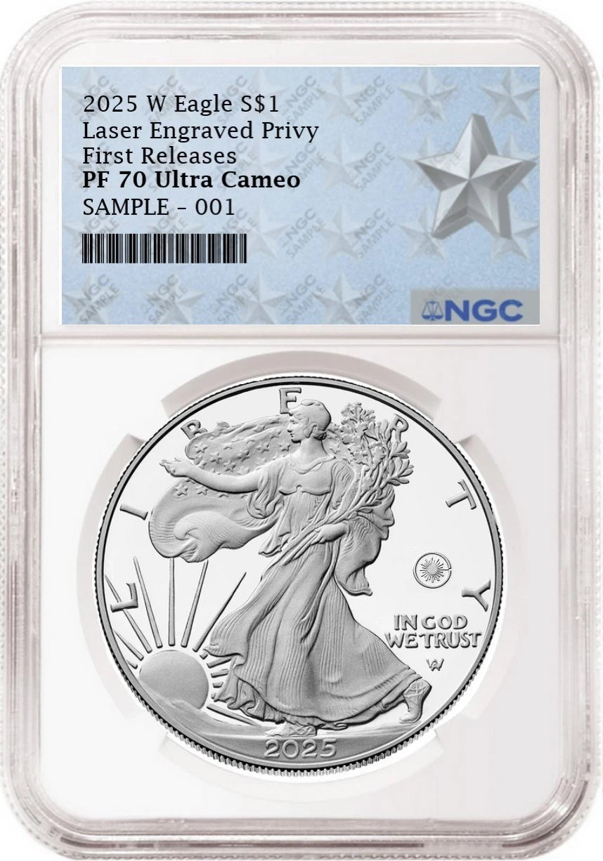 2025 W proof American Eagle Silver Dollar with laser engraved privy graded by NGC with the West Point silver star label.