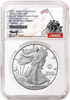 Obverse side of 2025 P proof silver eagle with US Marine Corps 250th anniversary privy in NGC slab with the commemorative Rhett Jeppson signature label
