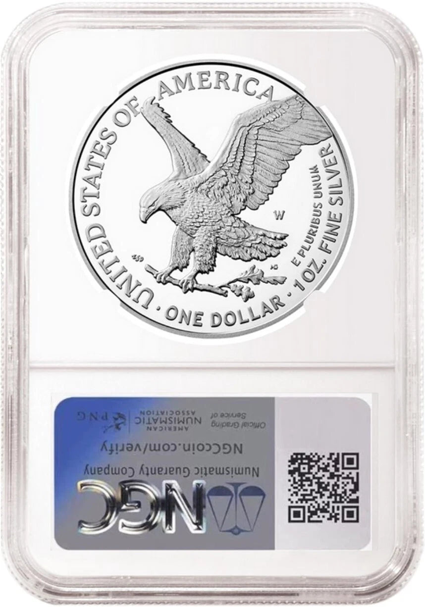 Reverse side of an NGC graded proof American eagle silver dollar with West Point mint mark.