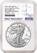2025 W proof American Eagle Silver Dollar with laser engraved privy graded by NGC with the blue first releases label.