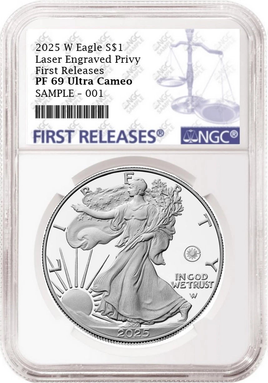 2025 W proof American Eagle Silver Dollar with laser engraved privy graded by NGC with the blue first releases label.