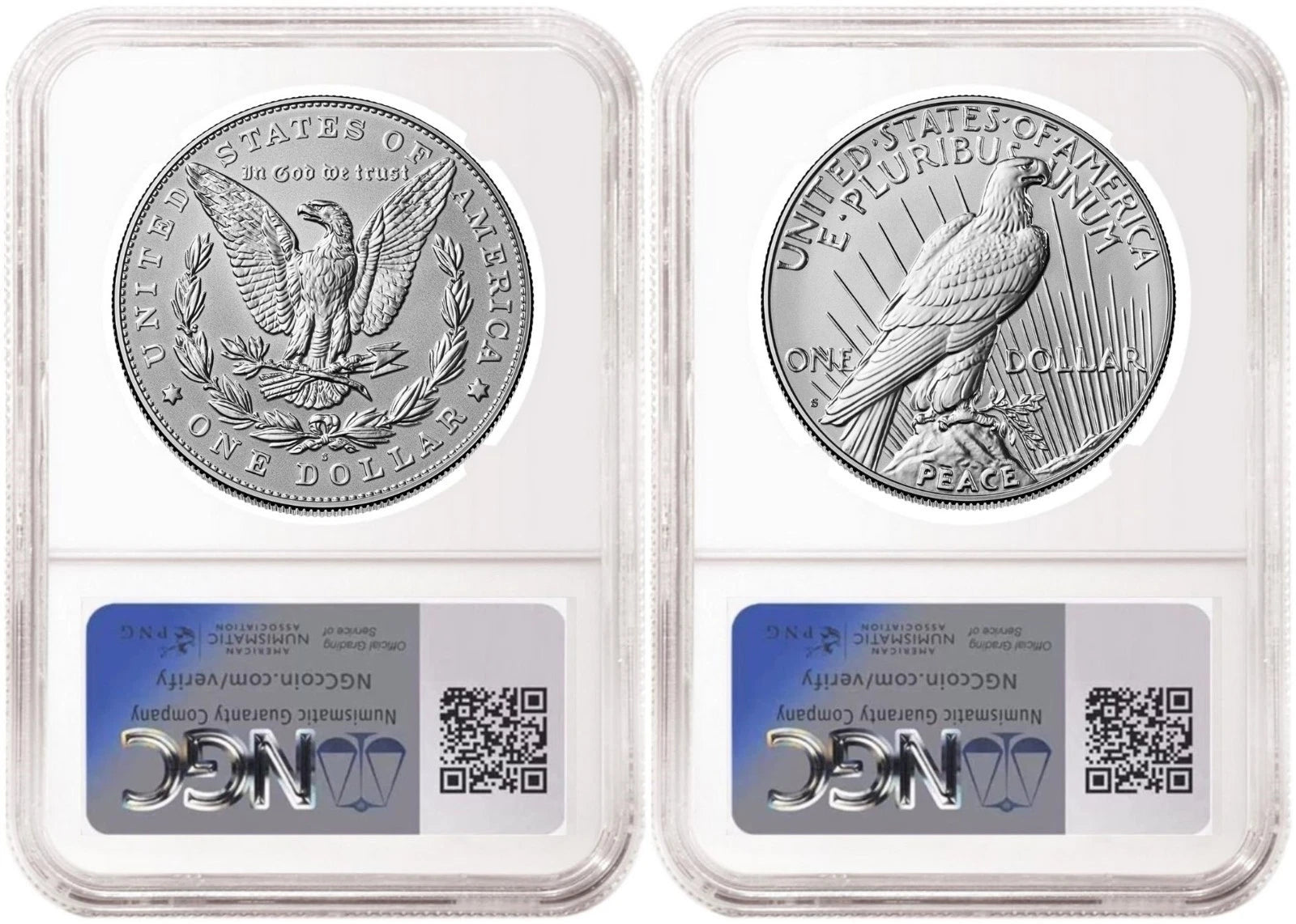 Reverse side of reverse proof Morgan and Peace silver dollar two coin set in NGC slabs
