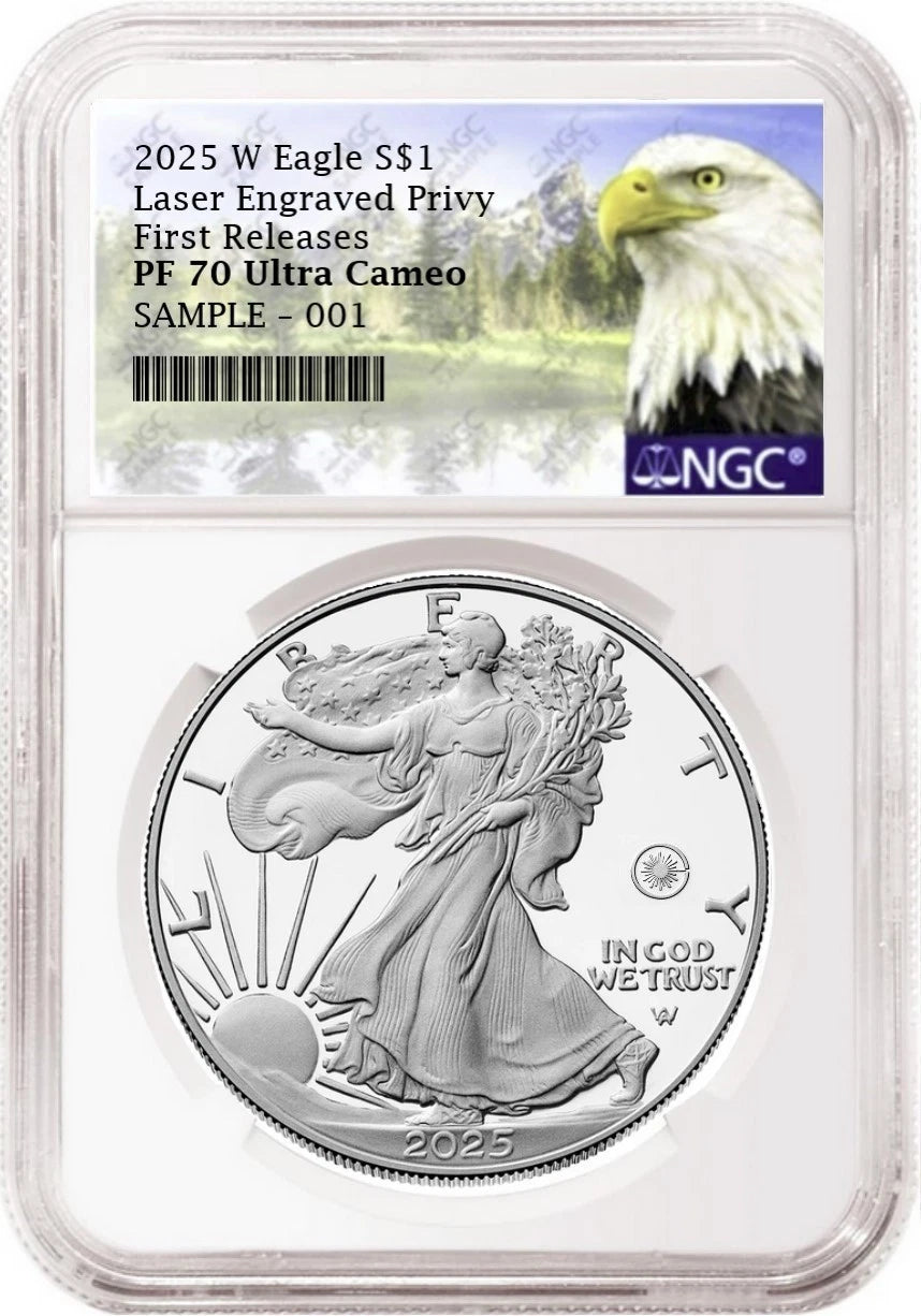 2025 W proof American Eagle Silver Dollar with laser engraved privy graded by NGC with the eagle mountain label.