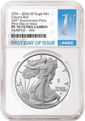 2026 W proof American Eagle Silver Dollar with 250th Anniversary Liberty Bell privy graded by NGC with the blue first day of issue label.