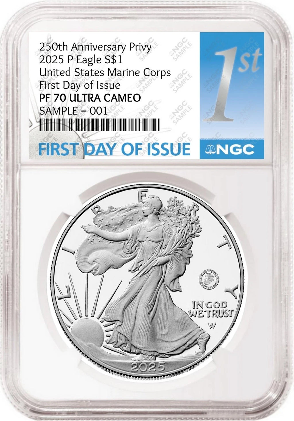 Obverse side of 2025 P proof silver eagle with US Marine Corps 250th anniversary privy in NGC slab with the first day of issue label