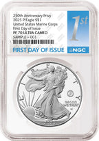 Obverse side of 2025 P proof silver eagle with US Marine Corps 250th anniversary privy in NGC slab with the first day of issue label
