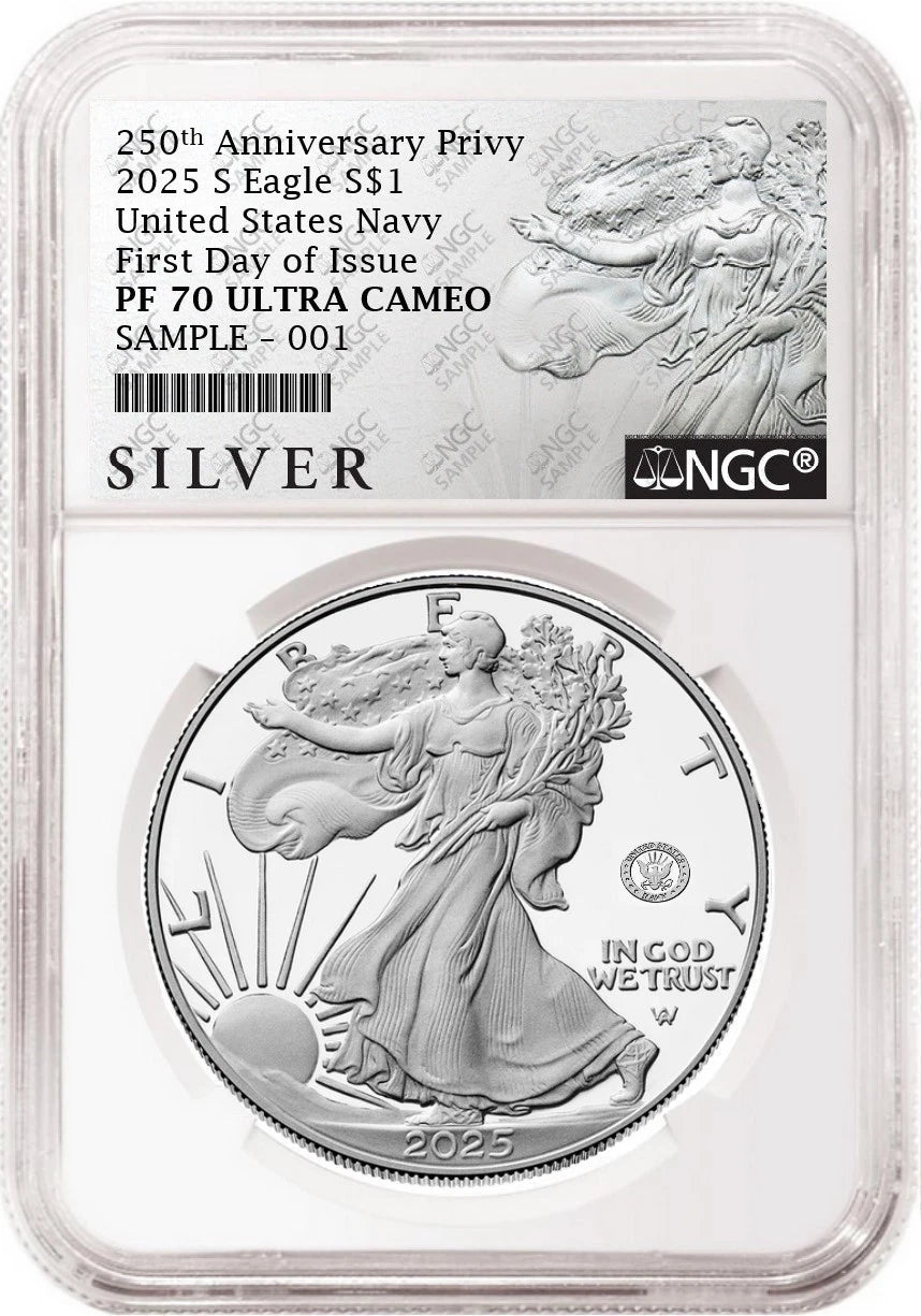An NGC graded 2025 s proof American Eagle Silver Dollar with US Navy 250th anniversary privy with the silver American liberty series label.