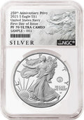 An NGC graded 2025 s proof American Eagle Silver Dollar with US Navy 250th anniversary privy with the silver American liberty series label.