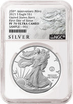 An NGC graded 2025 s proof American Eagle Silver Dollar with US Navy 250th anniversary privy with the silver American liberty series label.