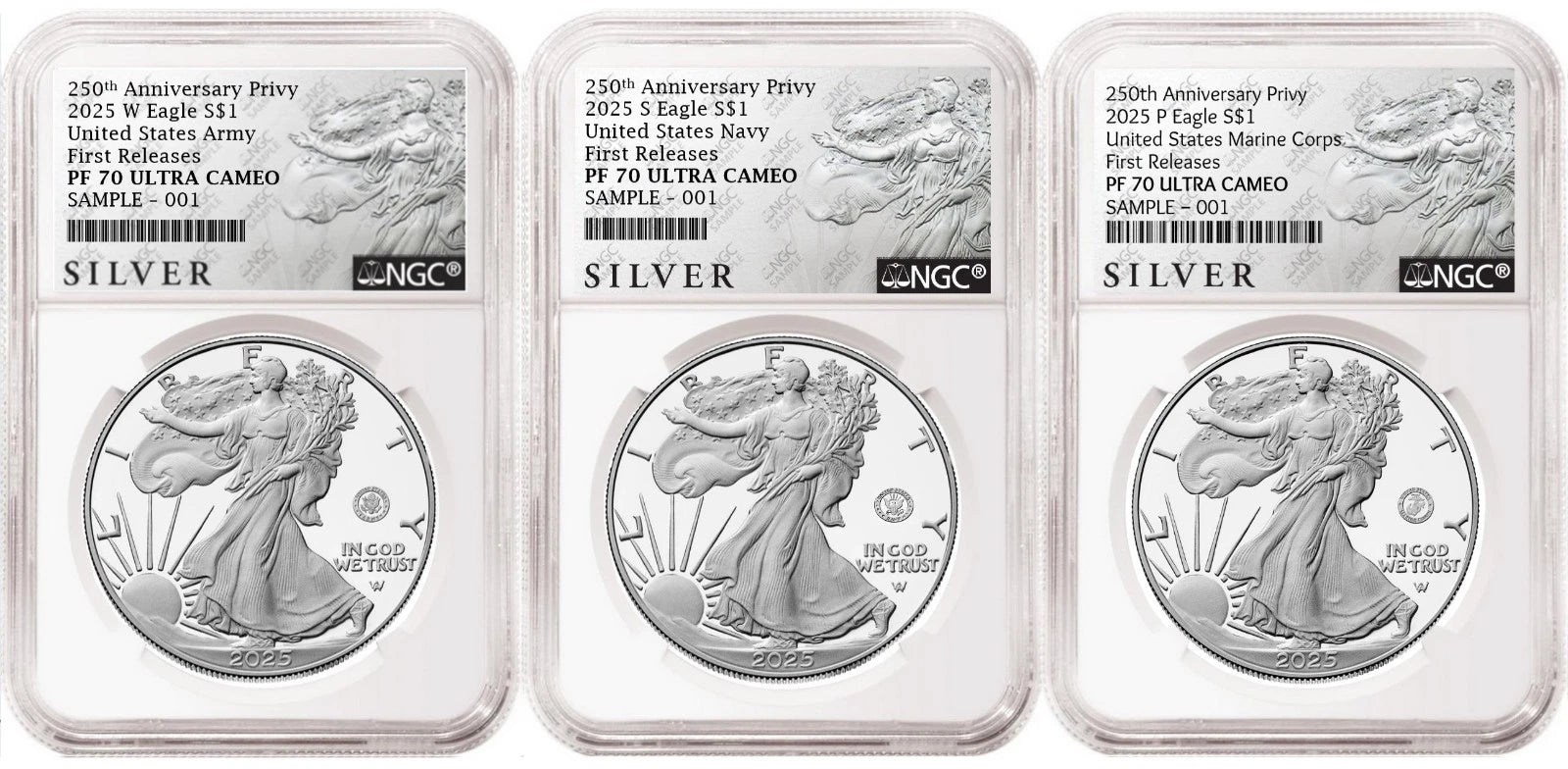 Three 2025 proof American Silver Eagles, one with US Army 250th anniversary privy, one with US Navy 250th anniversary privy, and one with US Marine Corps 250th anniversary privy, all graded by NGC with the silver American liberty series labels.