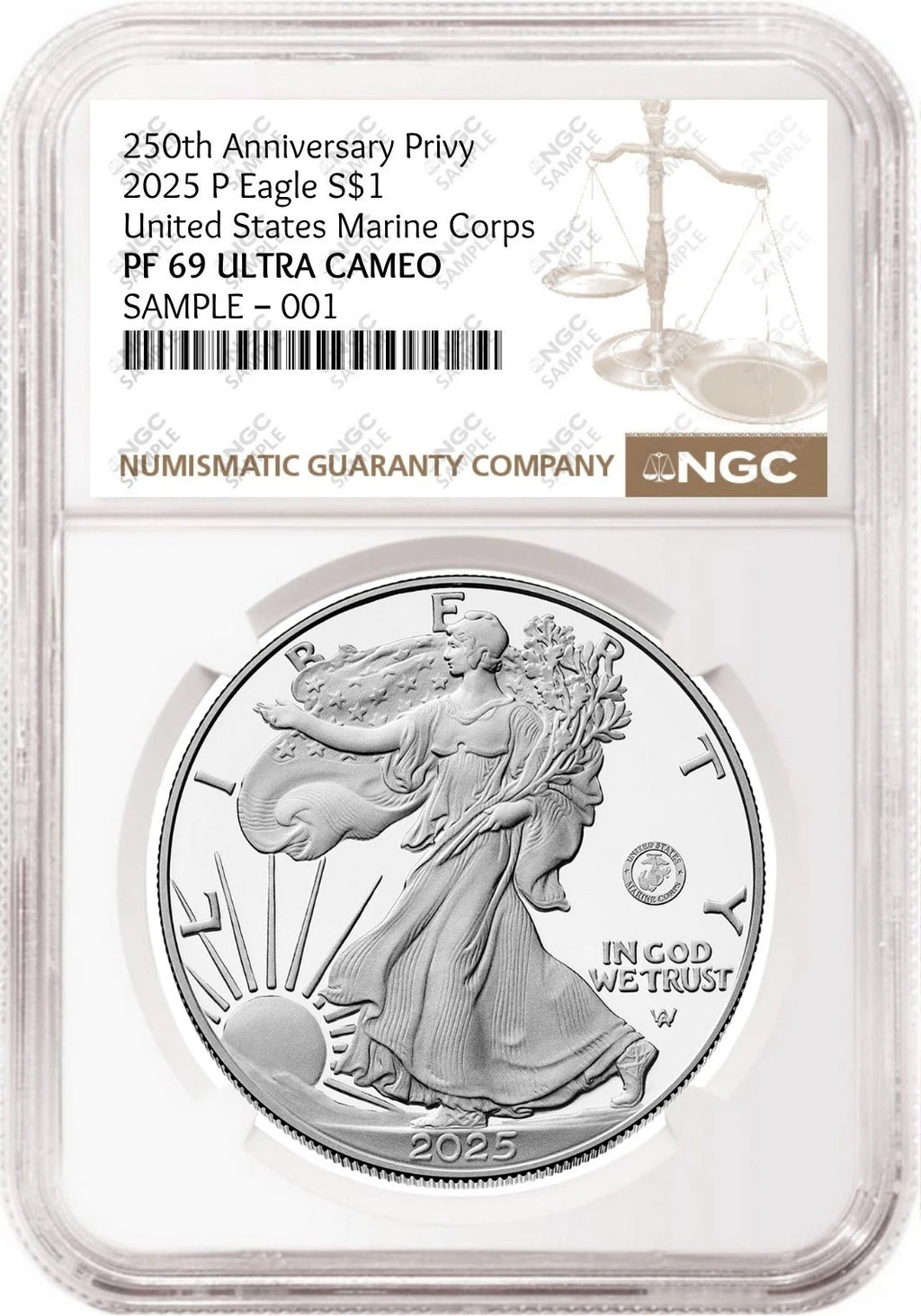 Obverse side of 2025 P proof silver eagle with US Marine Corps 250th anniversary privy in NGC slab with the standard brown label