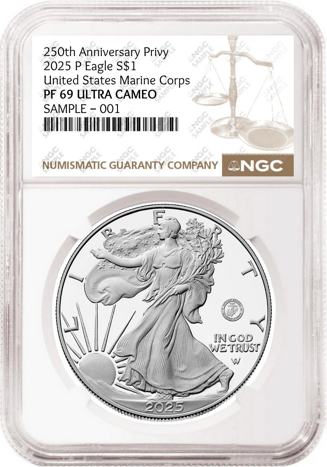 Obverse side of 2025 P proof silver eagle with US Marine Corps 250th anniversary privy in NGC slab with the standard brown label