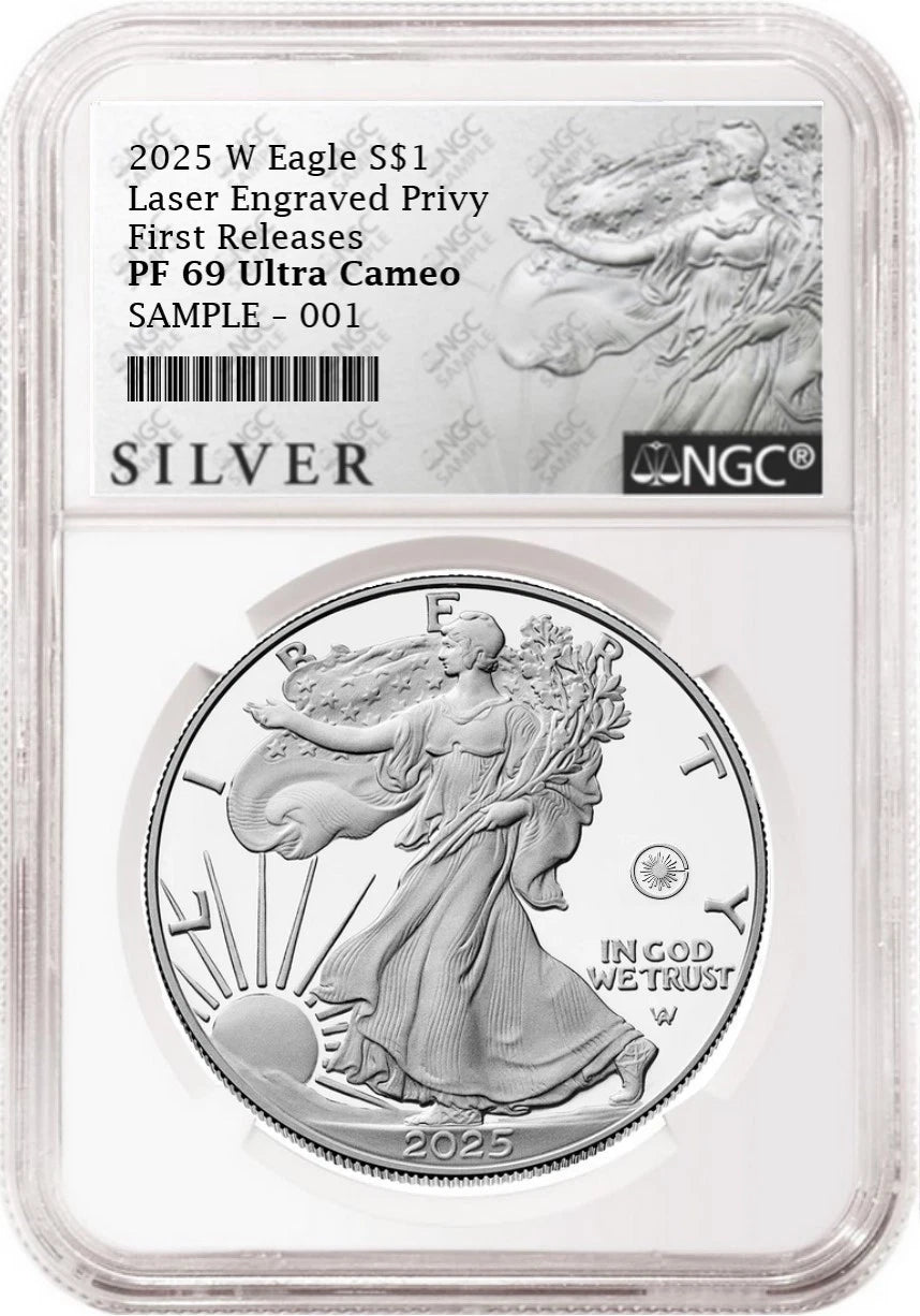 2025 W proof American Eagle Silver Dollar with laser engraved privy graded by NGC with the silver American liberty series label.