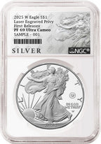 2025 W proof American Eagle Silver Dollar with laser engraved privy graded by NGC with the silver American liberty series label.