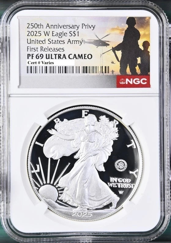 2025 W proof American Silver Eagle with US Army 250th anniversary privy graded by NGC with the commemorative military 250th anniversary label.