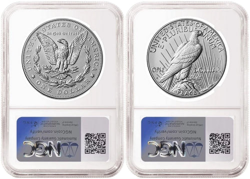 Reverse side of reverse proof Morgan and Peace silver dollar two coin set in NGC slabs