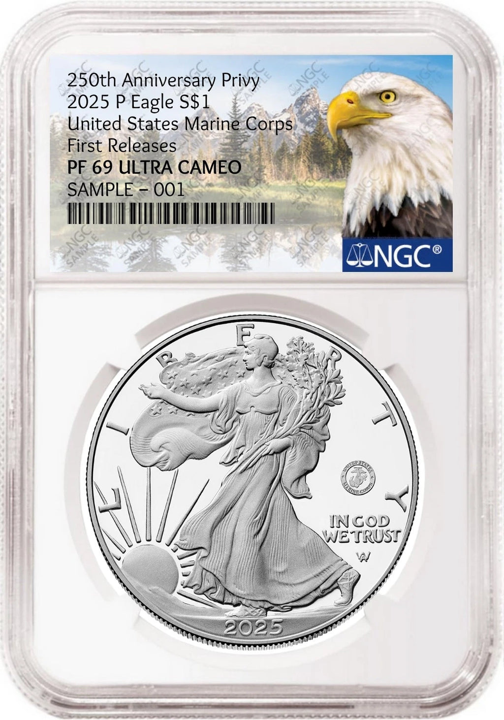 Obverse side of 2025 P proof silver eagle with US Marine Corps 250th anniversary privy in NGC slab with the eagle mountain label
