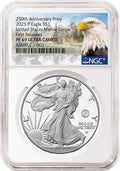 Obverse side of 2025 P proof silver eagle with US Marine Corps 250th anniversary privy in NGC slab with the eagle mountain label