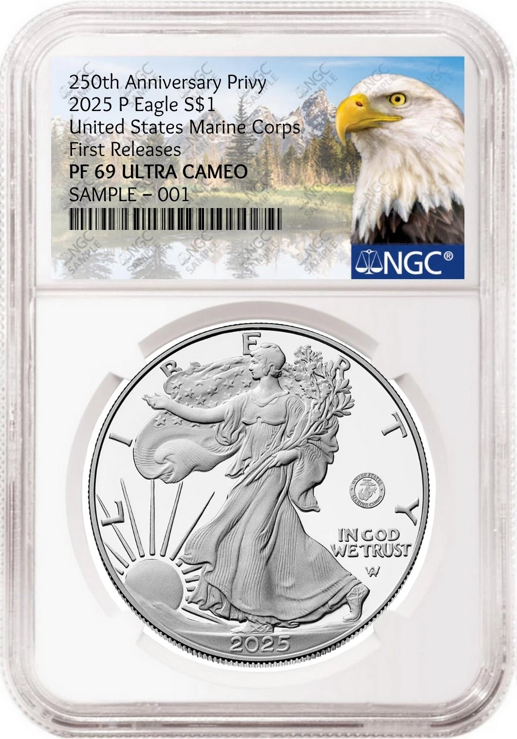 Obverse side of 2025 P proof silver eagle with US Marine Corps 250th anniversary privy in NGC slab with the eagle mountain label