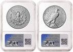 Reverse side of reverse proof Morgan and Peace silver dollar two coin set in NGC slabs