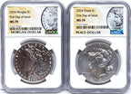Obverse side of 2024 Uncirculated Morgan and Peace silver dollars in NGC slabs with Morgan and Peace labels