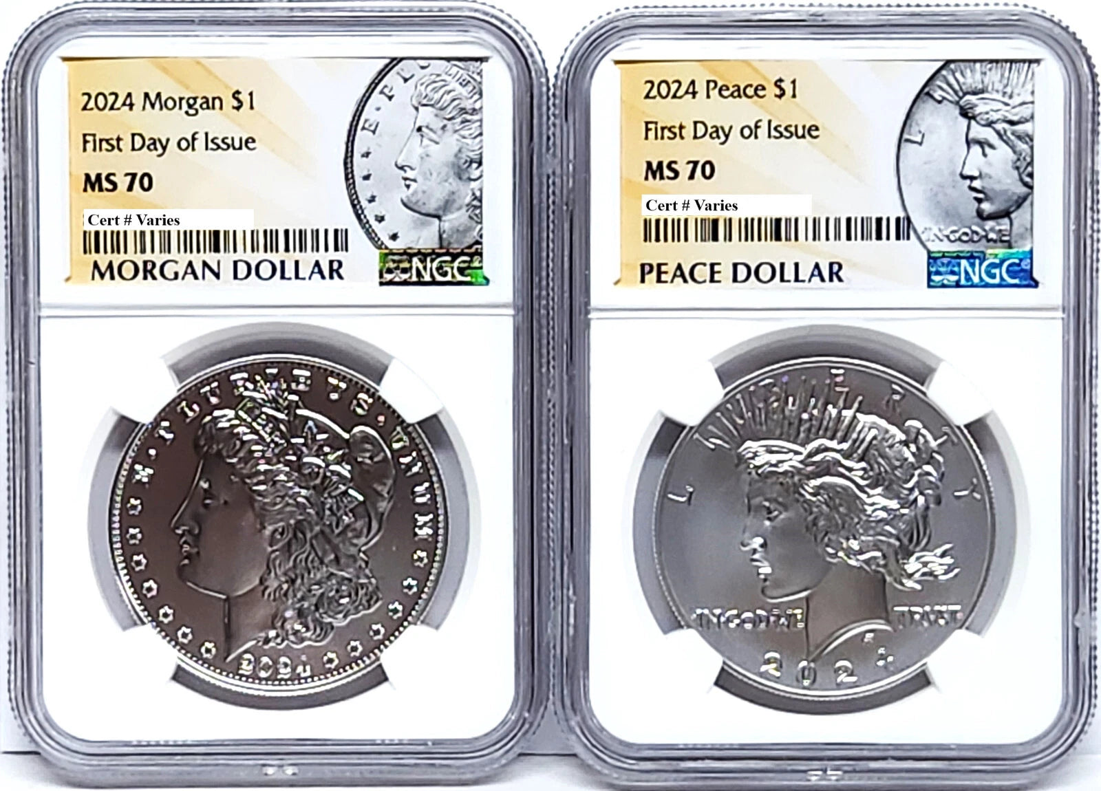 Obverse side of 2024 Uncirculated Morgan and Peace silver dollars in NGC slabs with Morgan and Peace labels