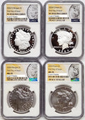 Four coins; two sets of 2024 Morgan and Peace silver dollars, one proof two coin set and one uncirculated two coin set, graded by NGC with Morgan and Peace dollar labels.
