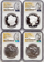Four coins; two sets of 2024 Morgan and Peace silver dollars, one proof two coin set and one uncirculated two coin set, graded by NGC with Morgan and Peace dollar labels.