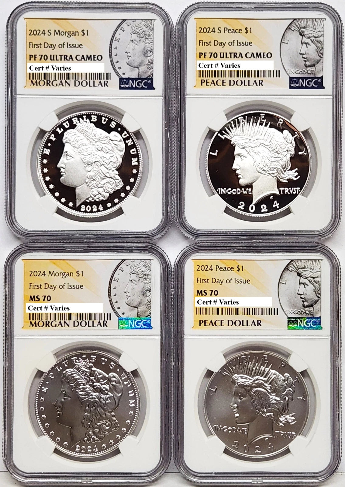 Four coins; two sets of 2024 Morgan and Peace silver dollars, one proof two coin set and one uncirculated two coin set, graded by NGC with Morgan and Peace dollar labels.