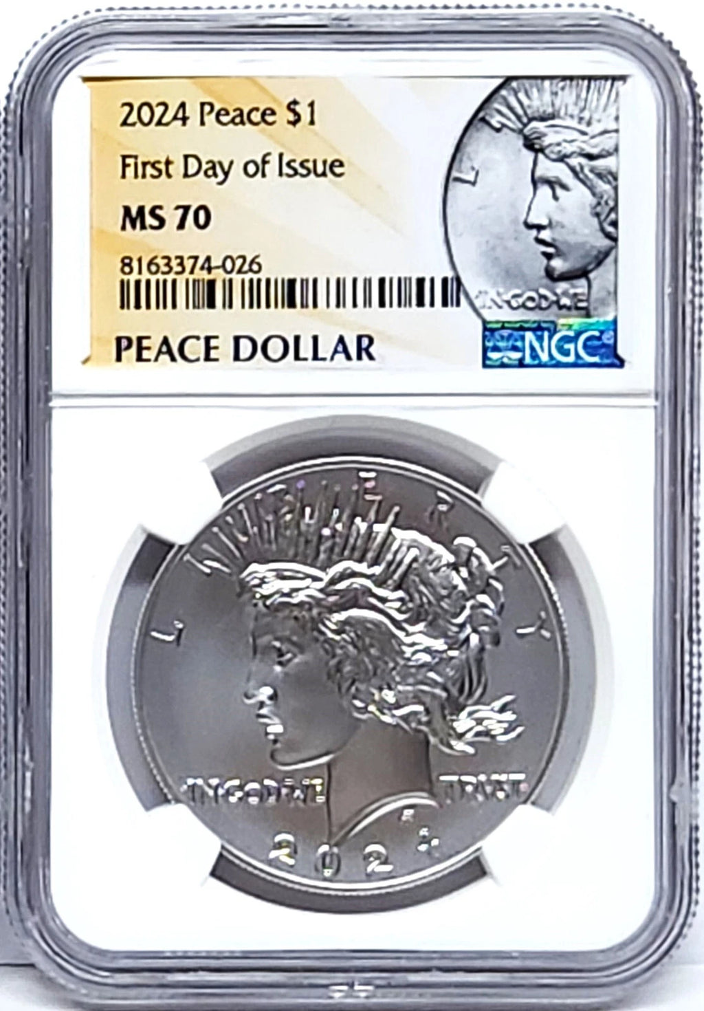 Obverse side of 2024 uncirculated Peace silver dollar in NGC slab with Peace dollar label