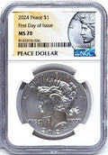 Obverse side of 2024 uncirculated Peace silver dollar in NGC slab with Peace dollar label