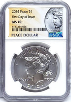 Obverse side of 2024 uncirculated Peace silver dollar in NGC slab with Peace dollar label