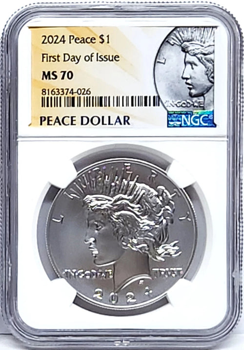 Obverse side of 2024 uncirculated Peace silver dollar in NGC slab with Peace dollar label