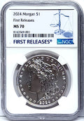 Obverse side of 2024 uncirculated Morgan silver dollar in NGC slab with first releases label