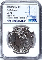 Obverse side of 2024 uncirculated Morgan silver dollar in NGC slab with first releases label