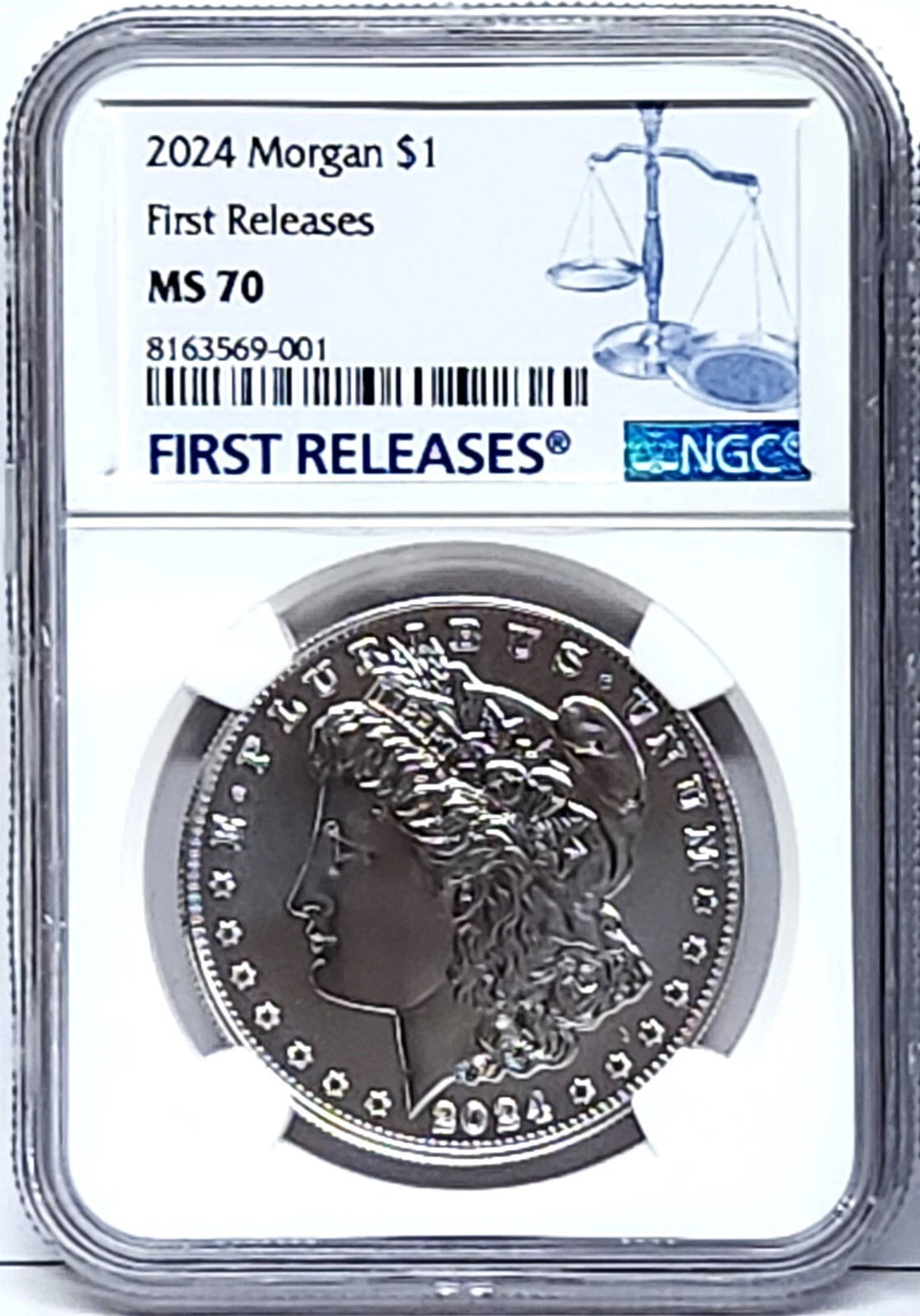 Obverse side of 2024 uncirculated Morgan silver dollar in NGC slab with first releases label